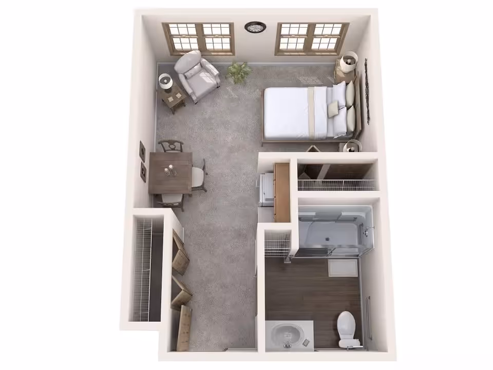 3D floor plan of a small apartment featuring a bedroom with a bed, armchair, side tables, and a clock on the wall. Adjacent to the bedroom is a dining area with a table and two chairs. The bathroom includes a shower, toilet, and sink. There is also a closet space near the entrance.