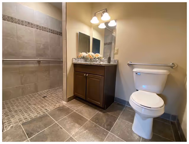 Accessible bathroom with a walk-in tiled shower, dark wood vanity with granite countertop and mirror, and a toilet with a wall-mounted grab bar.