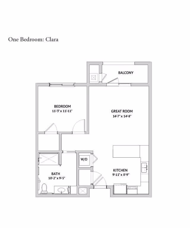Floor plan of a one-bedroom apartment labeled "One Bedroom: Clara" showing a bedroom, great room, kitchen, bathroom, W/D closet, and balcony with room dimensions.