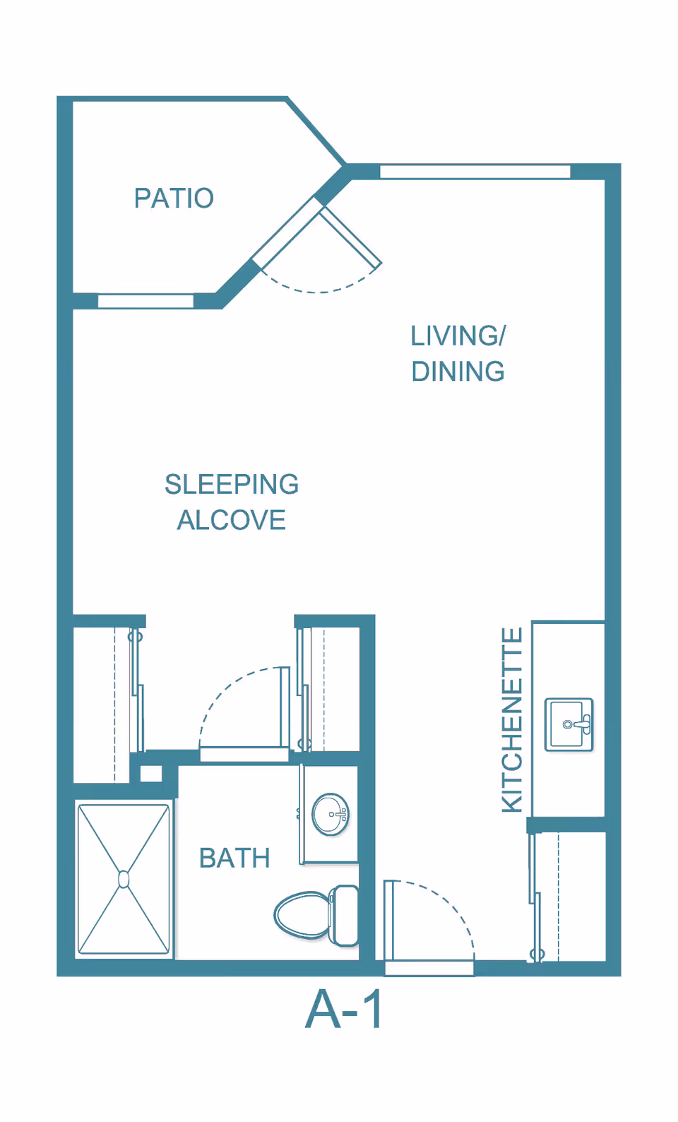 Floor plan layout of a senior living apartment labeled A-1, featuring a patio, living/dining area, sleeping alcove, kitchenette, and a bathroom with a shower, toilet, and sink.