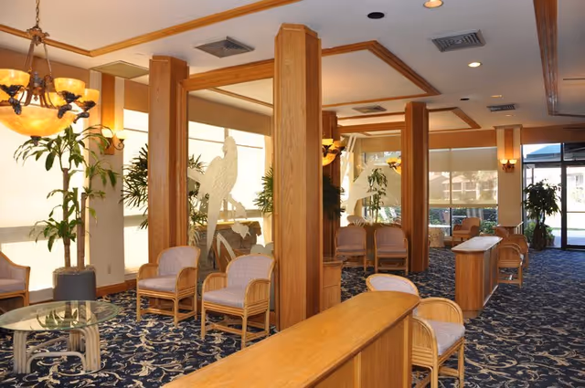 Bright wood-paneled lounge area with chairs, tables, potted plants, and decorative columns overlooking large windows.