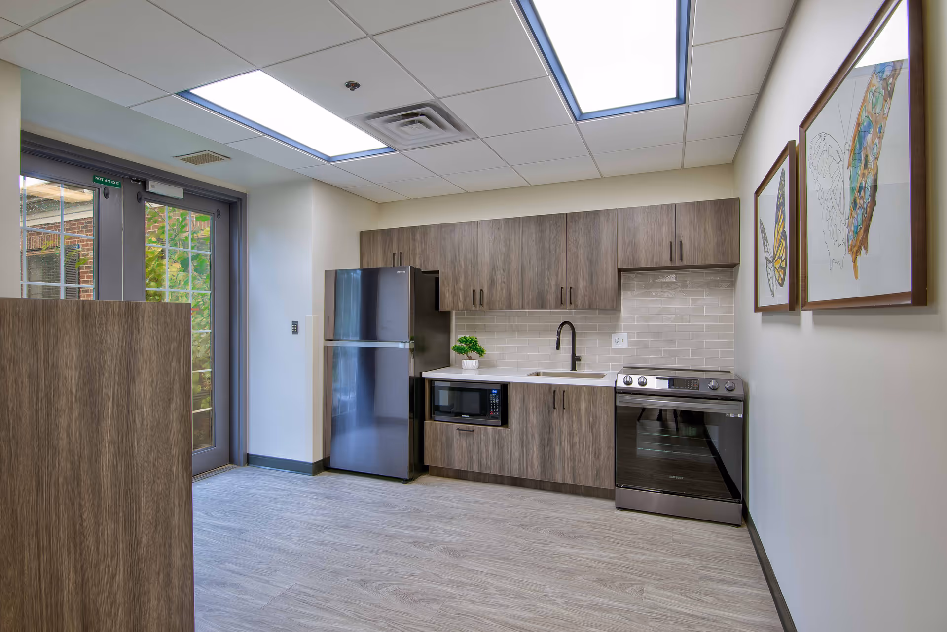 Modern kitchen area with wood-finish cabinets, a stainless steel refrigerator, microwave, and oven. There is a white countertop with a black faucet and a small potted plant. Two framed butterfly artworks hang on the wall to the right. The room has large ceiling lights and a glass door leading outside.