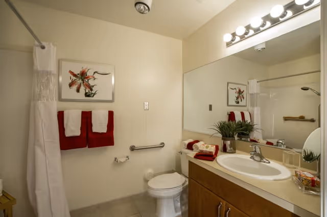 A clean bathroom with a white toilet, a shower with a white curtain, and a vanity with a sink and large mirror. The wall has a framed floral artwork and two red towels hanging. The countertop has neatly folded towels, a potted plant, and a soap dispenser.