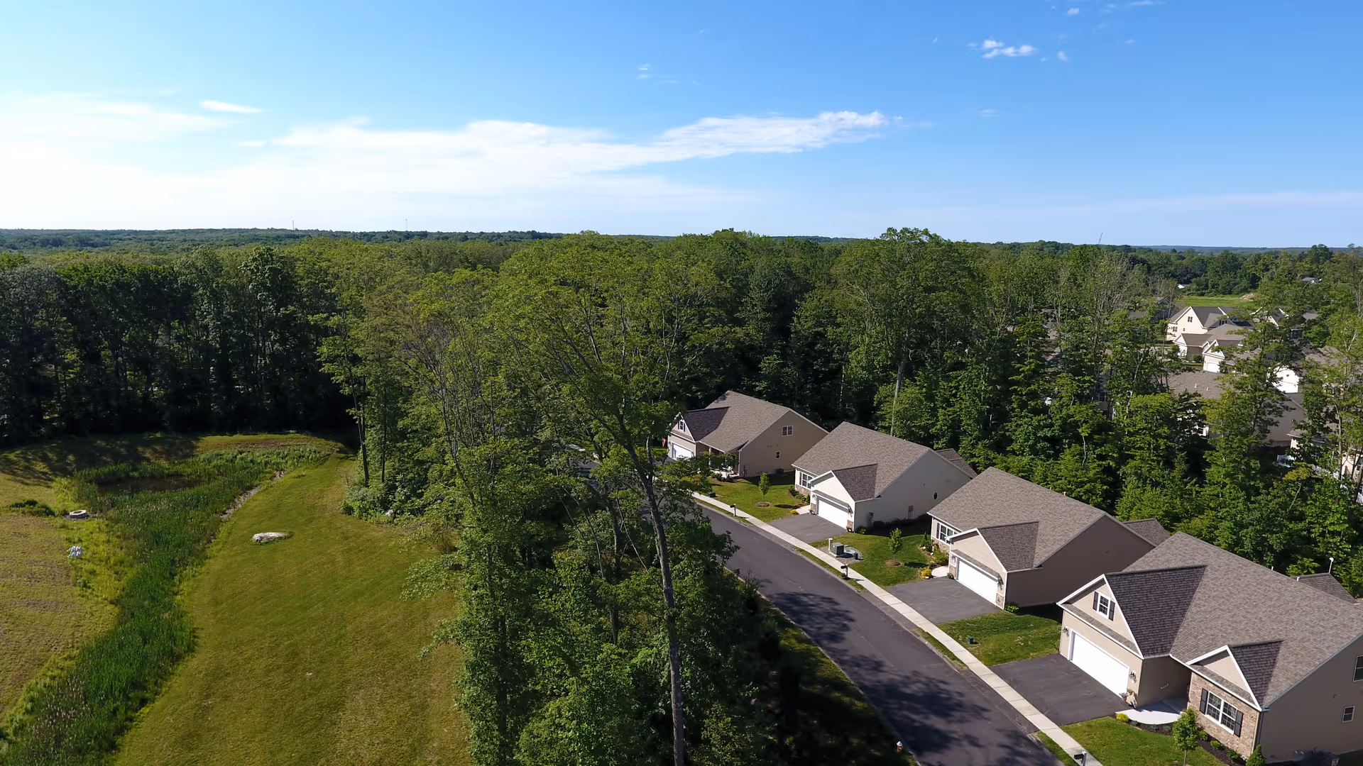 Aerial view of a residential neighborhood with several houses lined along a curved road, surrounded by dense green trees and open grassy areas under a clear blue sky.