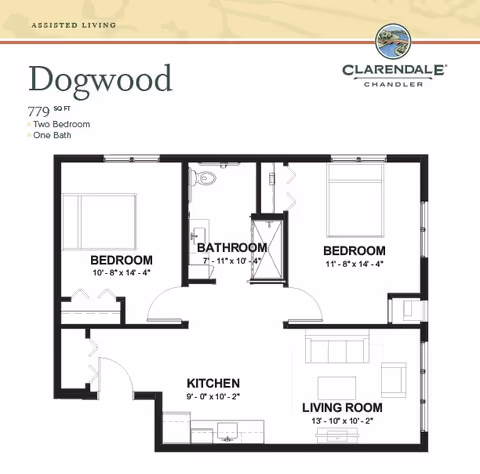 Floor plan of the Dogwood assisted living unit at Clarendale of Chandler, showing a layout with two bedrooms, one bathroom, a kitchen, and a living room. Dimensions for each room are included.