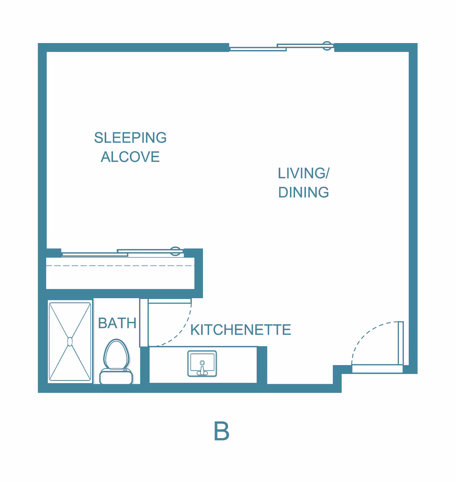 Architectural floor plan of a senior living unit labeled B, showing a sleeping alcove, living/dining area, kitchenette, and bathroom with a shower and toilet.