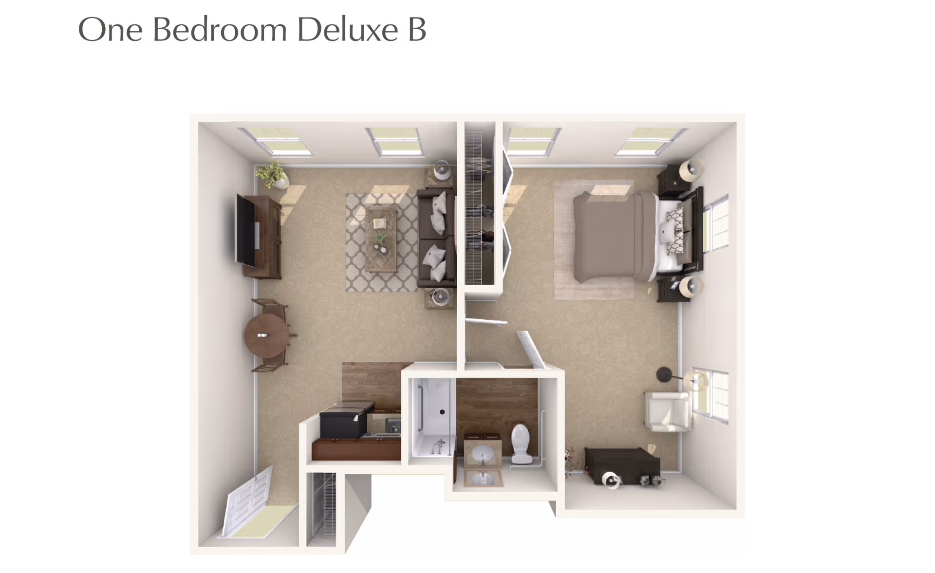 Top-down floor plan rendering of a one-bedroom apartment showing a living room, kitchen, bathroom, and bedroom.
