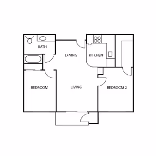 Black-and-white floor plan of a two-bedroom, one-bath apartment showing labeled rooms: living, dining, kitchen, bedroom, bedroom 2, and bath.
