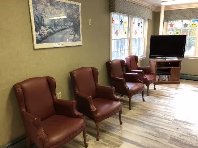 A room with four brown leather armchairs lined up against a green wall. Above the chairs is a framed picture of a pathway through a flowering garden. To the right, there are windows decorated with colorful star and flower stickers, and a flat-screen TV on a wooden stand with shelves holding DVDs or books. The floor is light-colored wood.