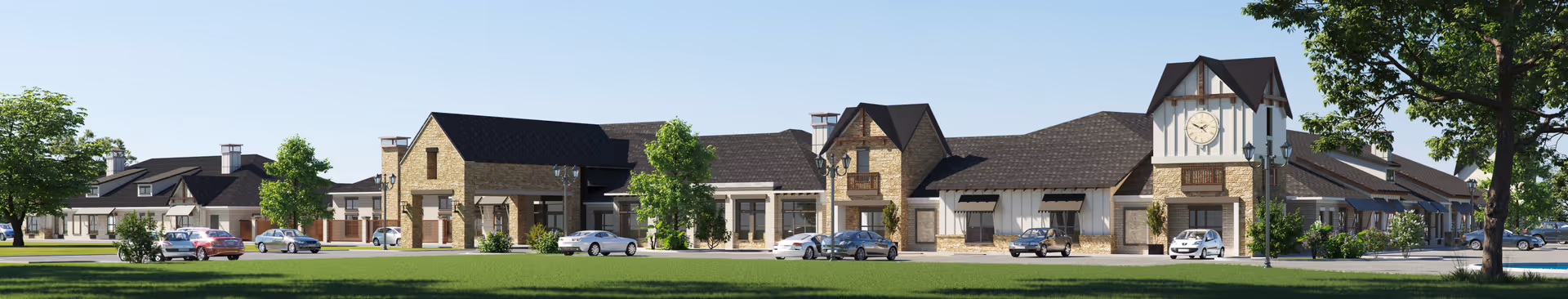 Wide exterior view of The Preserve at Meridian building with a clock tower, multiple cars parked in front, and green trees and grass surrounding the area under a clear blue sky.