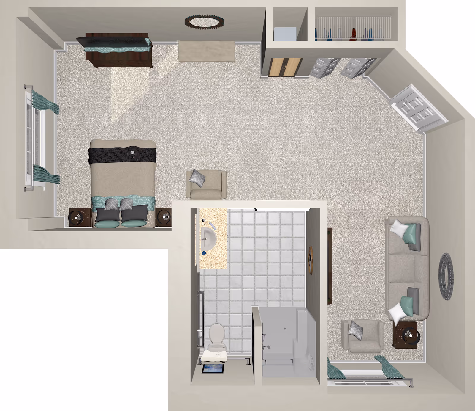 Top-down view of a senior living facility apartment layout featuring a bedroom with a bed, two nightstands, a dresser, and an armchair. Adjacent to the bedroom is a bathroom with a sink, toilet, and shower. The living area includes a sofa, armchair, side table, and a wall-mounted mirror. The apartment has carpeted floors and windows with curtains.