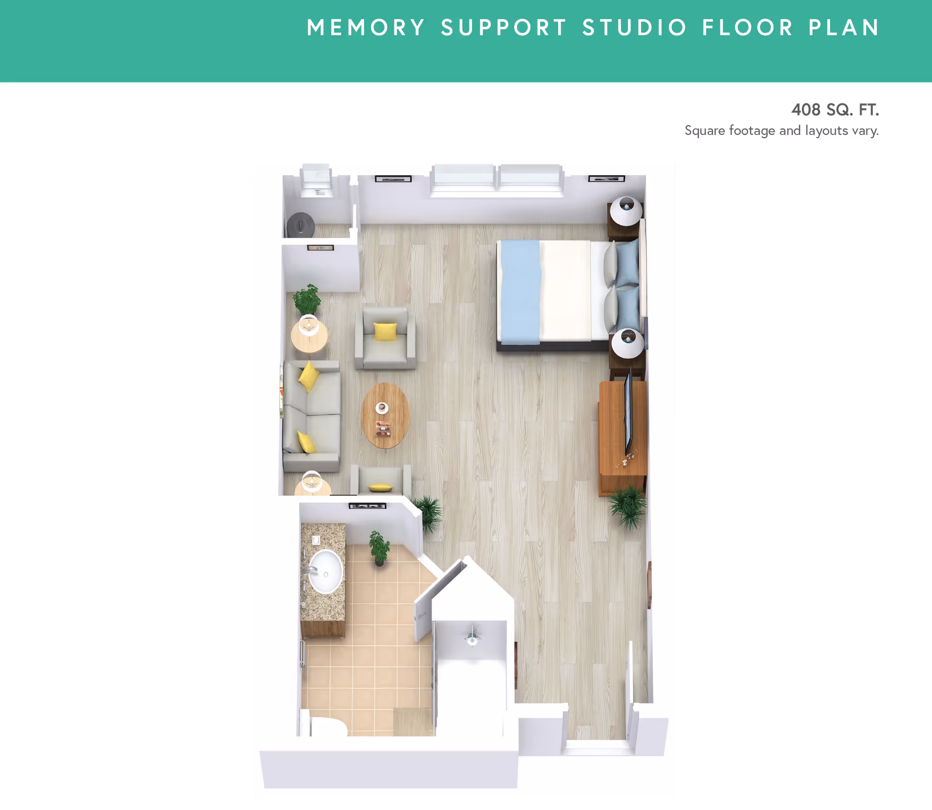Top-down floor plan of a memory support studio showing a combined living and sleeping area with seating, bed, TV, and a bathroom.