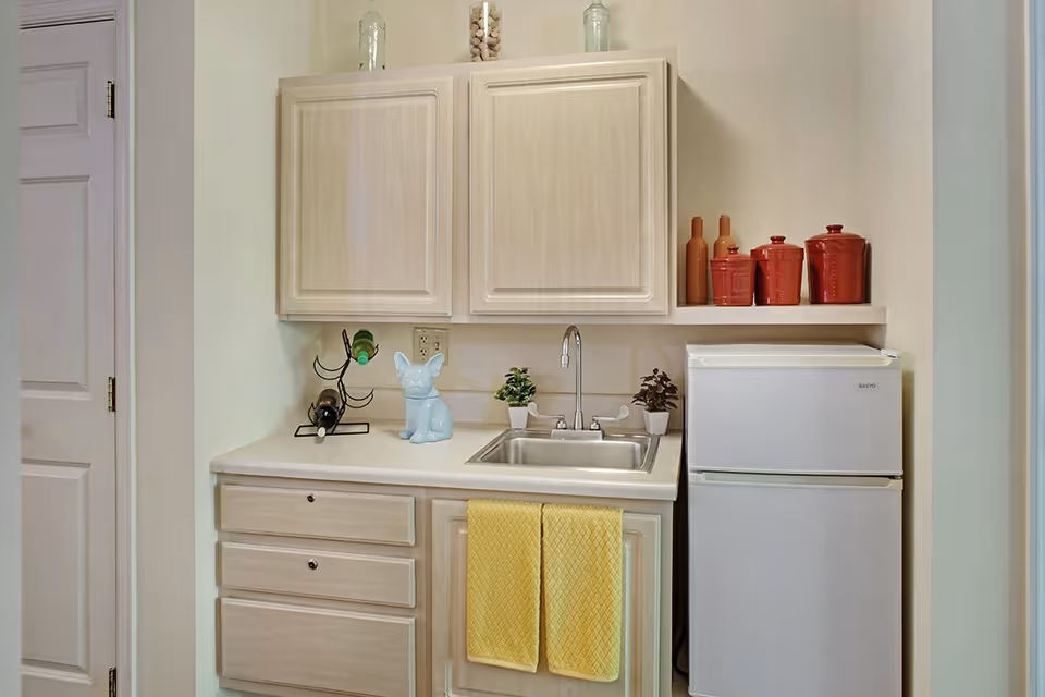 A small kitchen area with light wood cabinets, a stainless steel sink with a faucet, and a white mini refrigerator. On the countertop, there is a wine bottle holder with two wine bottles, a blue ceramic dog figurine, and two small potted plants. Above the refrigerator, there are three red ceramic containers and two decorative bottles on top of the cabinets. Two yellow towels hang from the cabinet door below the sink.