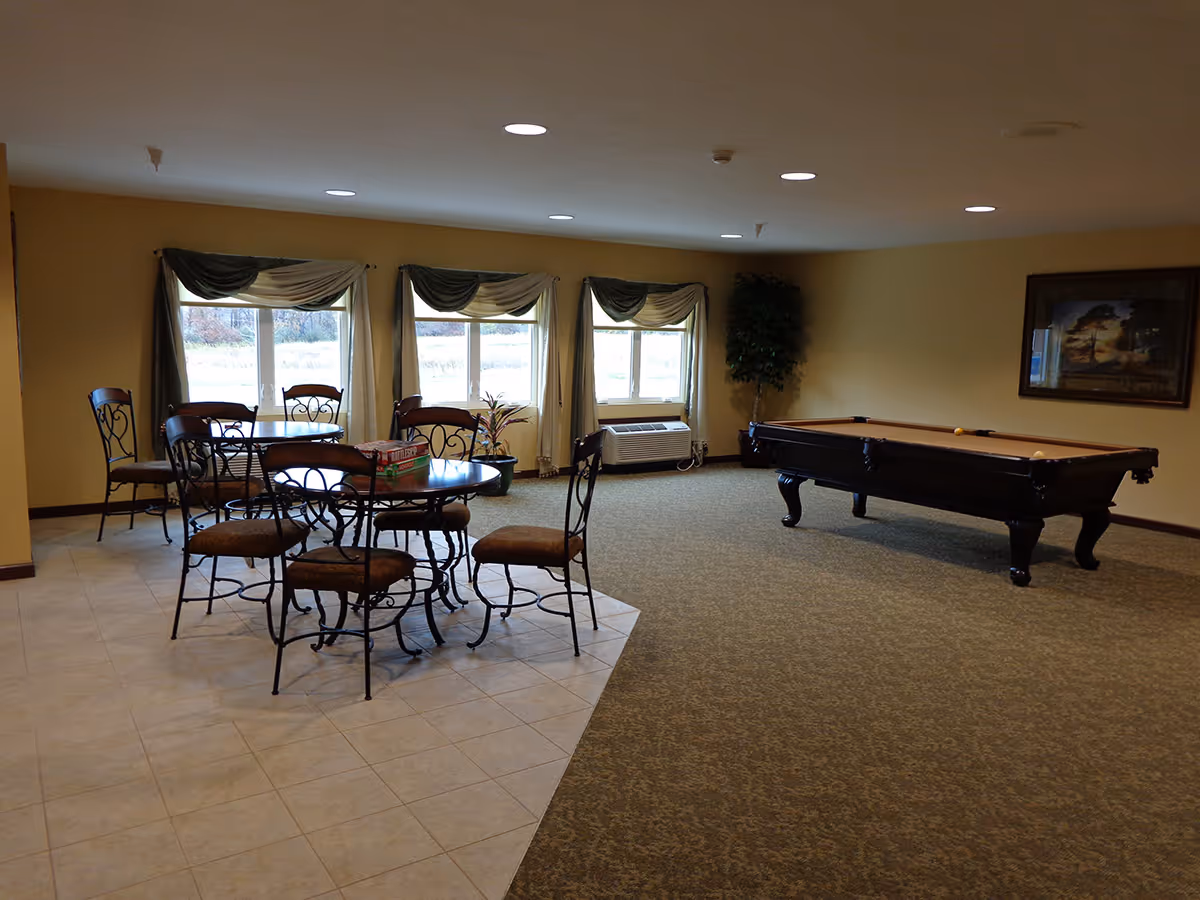 A spacious common room with a pool table on the carpeted side and a round table with six chairs on the tiled side near three windows with curtains. There is a framed painting on the wall and a potted plant in the corner.
