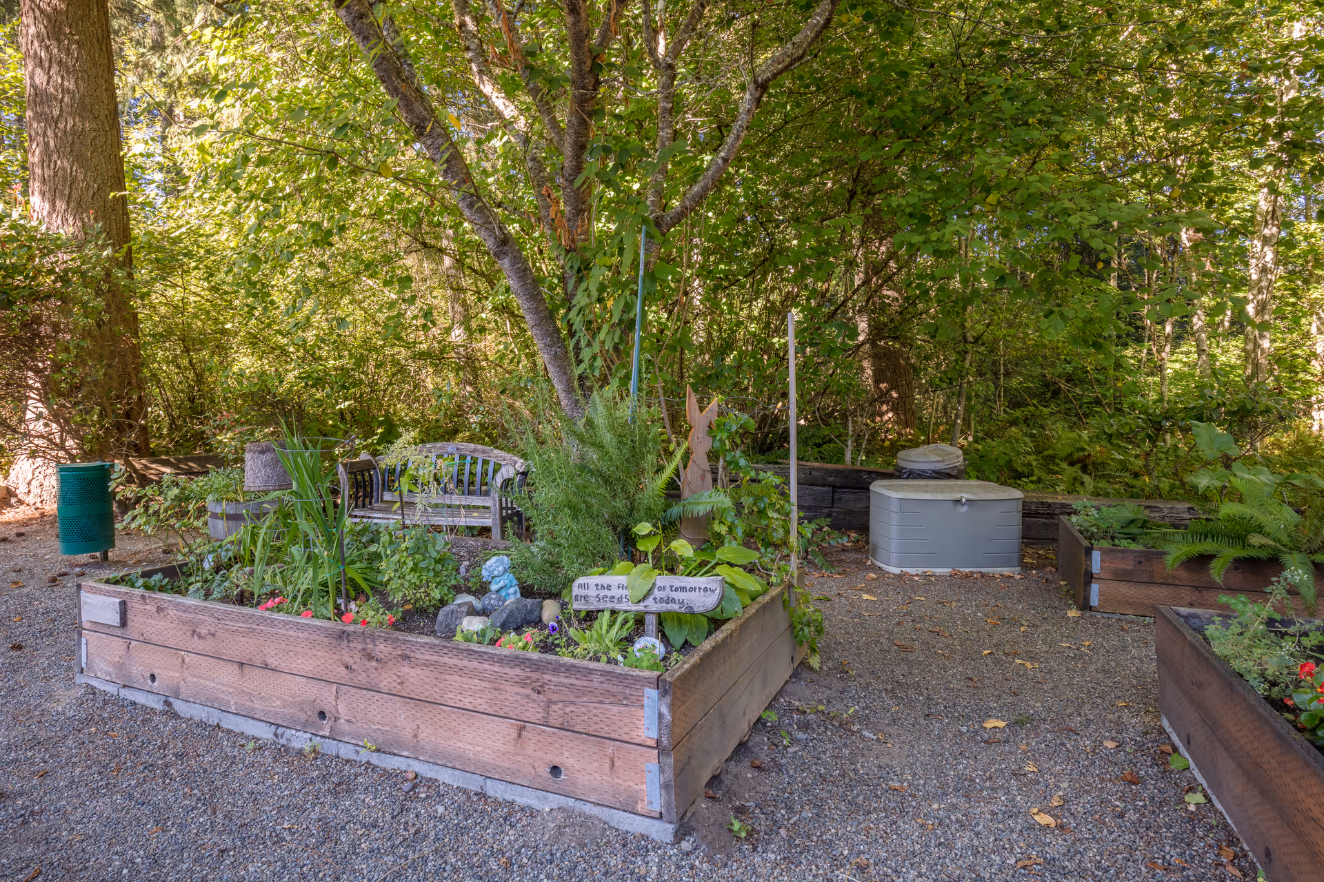 A peaceful outdoor garden area with raised wooden planter boxes filled with various plants and flowers. A wooden bench is placed near the planters, surrounded by lush green trees and foliage. There is a green trash bin on the left side and a gray storage container on the right side. A small sign in one of the planters reads, 'All the flowers of tomorrow are seeds today.'