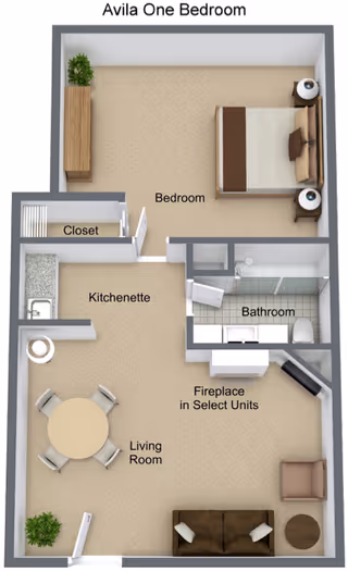 3D floor plan of a one-bedroom senior living unit at Avila Senior Living At Downtown SLO, showing a bedroom with a bed and nightstands, a closet, a kitchenette with a sink and counter, a bathroom with a shower, toilet, and sink, and a living room with a dining table, chairs, sofa, armchair, and a fireplace in select units.