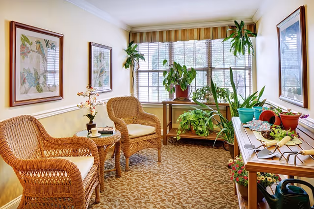 Sunlit seating area with wicker chairs, a small table, and numerous potted plants by a large window.
