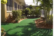 Small courtyard with artificial turf, palm trees, shrubs, and a one-story building with windows.