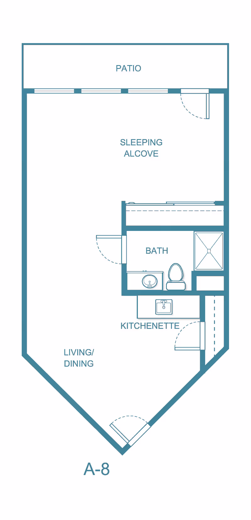 Floor plan layout of a living space labeled A-8 at Asher Point Independent Living of Amarillo, showing a patio, sleeping alcove, bath with toilet and sink, kitchenette, and living/dining area.
