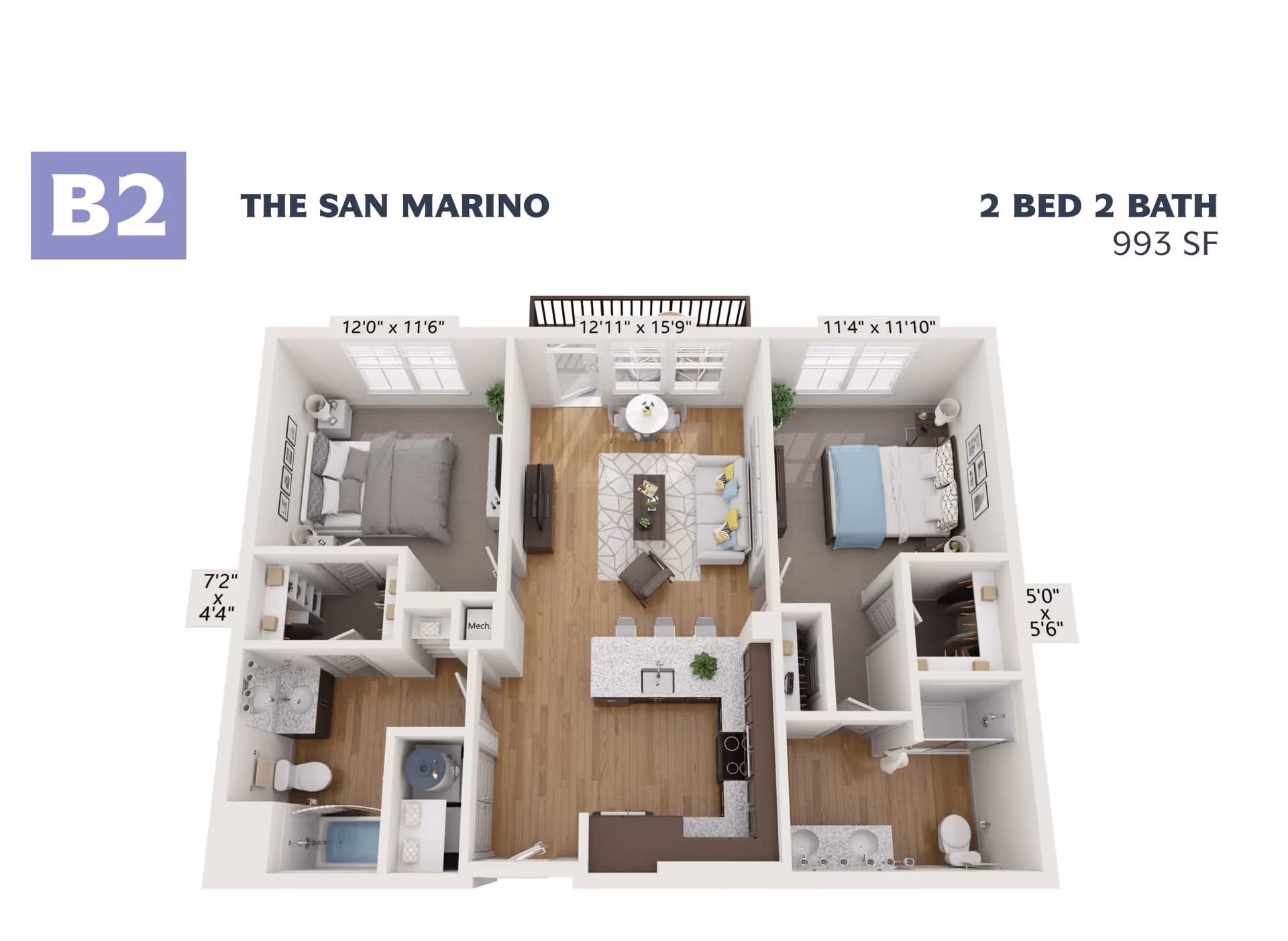 3D floor plan of a two-bedroom, two-bathroom apartment named The San Marino with a total area of 993 square feet. The layout includes two bedrooms on either side, each with a closet, two bathrooms adjacent to the bedrooms, a central living room with a sofa and TV, a dining area with a round table and chairs, and a kitchen with an island and appliances. Dimensions for each room are labeled.