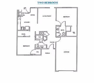 Architectural floor plan of a two-bedroom unit showing layout including kitchen, living room, two bedrooms, two bathrooms, porch, garage, and closets.