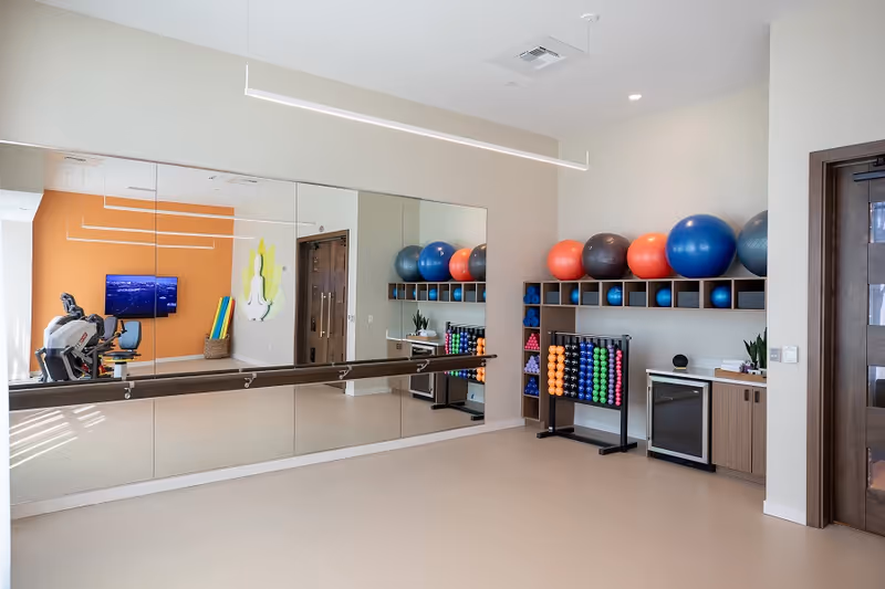 A bright exercise room with a large wall mirror, a ballet barre, and shelves holding various sizes of colorful exercise balls and dumbbells. There is a small refrigerator and a cabinet on the right side, and a door next to it. The far wall is painted orange with a mounted TV and some exercise equipment visible in the reflection.