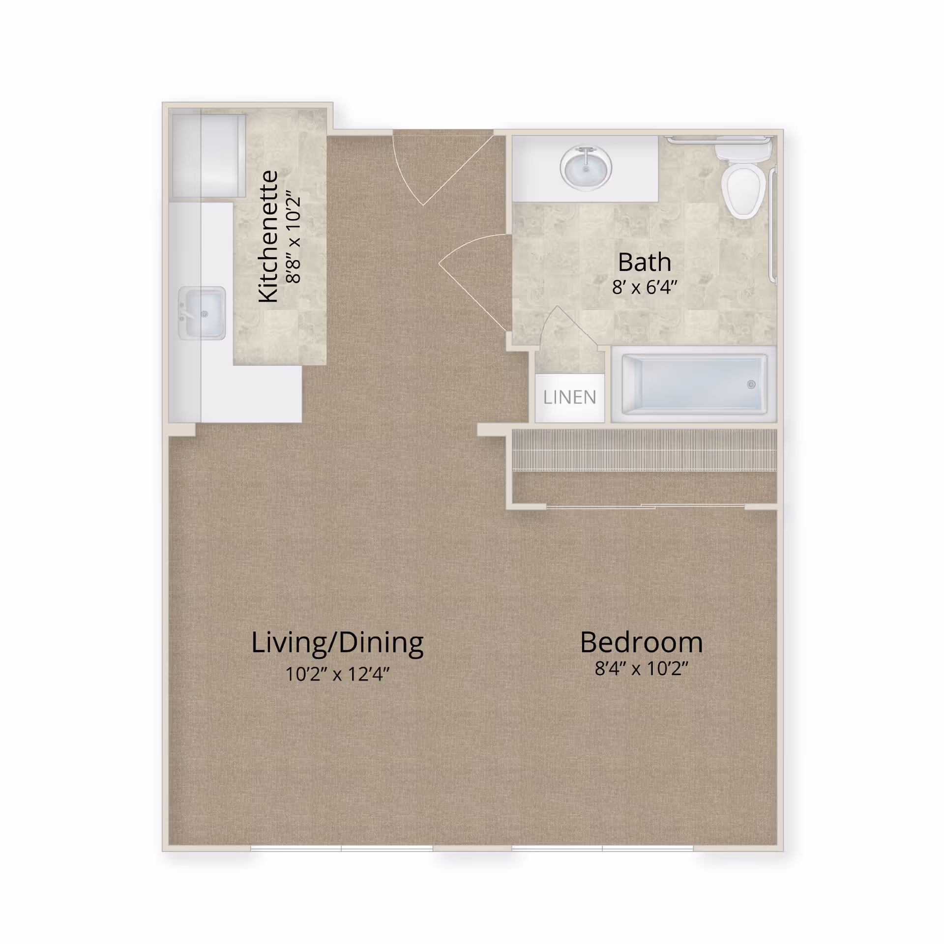 Floor plan of a senior living unit at Autumn Wind Senior Living showing a kitchenette, bath, living/dining area, and bedroom with dimensions labeled.