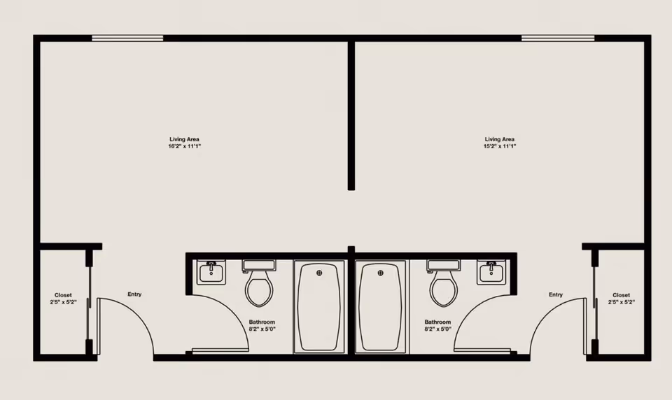 Floor plan showing two adjacent living units, each with a living area, bathroom, entry, and closet. Both units have similar layouts with the living area at the top, bathroom in the center, and closet near the entry.