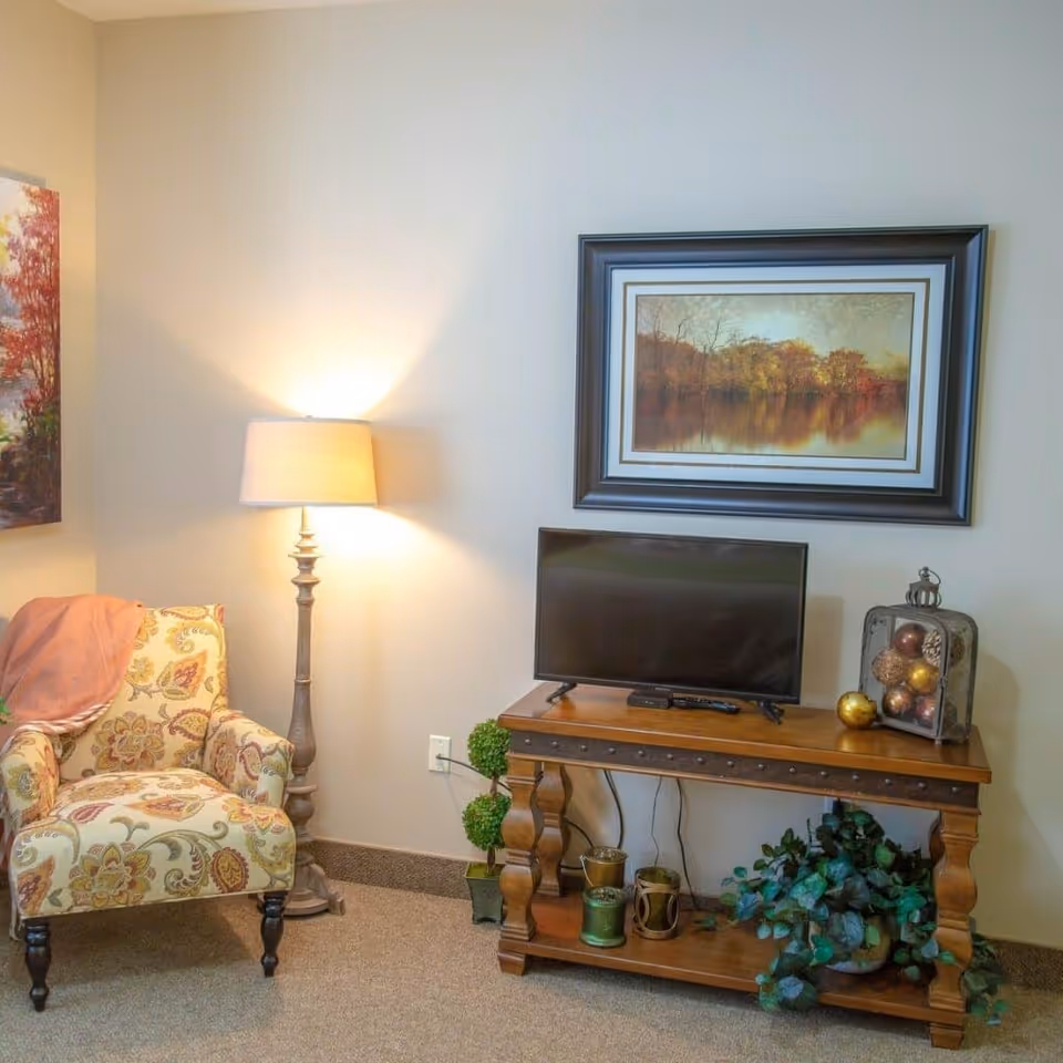 A cozy corner of a living room featuring a patterned armchair with a pink throw draped over one arm, a tall floor lamp with a beige shade, a wooden console table holding a flat-screen TV, decorative plants, and a lantern filled with ornamental balls. Above the TV hangs a framed landscape painting of a serene lake surrounded by trees.