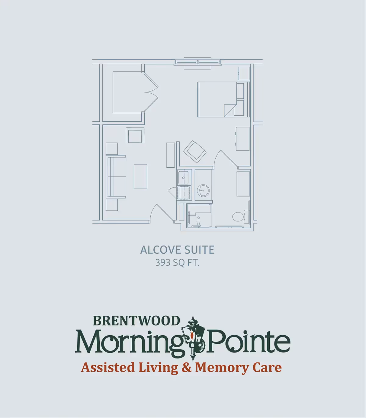 Architectural floor plan of an Alcove Suite measuring 393 square feet, showing a layout with a bedroom, living area, bathroom, and small kitchenette or sink area.