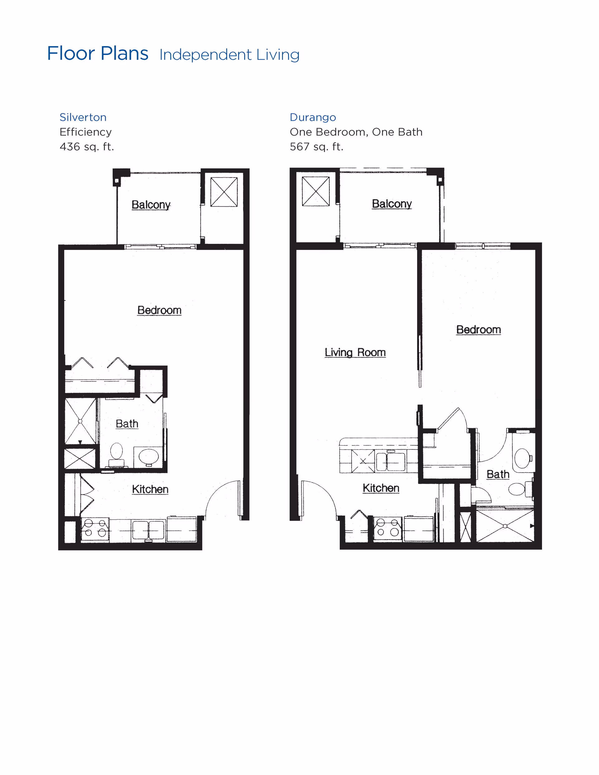 Floor plans for independent living units at Brookdale Skyline. The Silverton efficiency unit is 436 sq. ft. with a bedroom, bath, kitchen, and balcony. The Durango one-bedroom, one-bath unit is 567 sq. ft. with a bedroom, bath, kitchen, living room, and balcony.