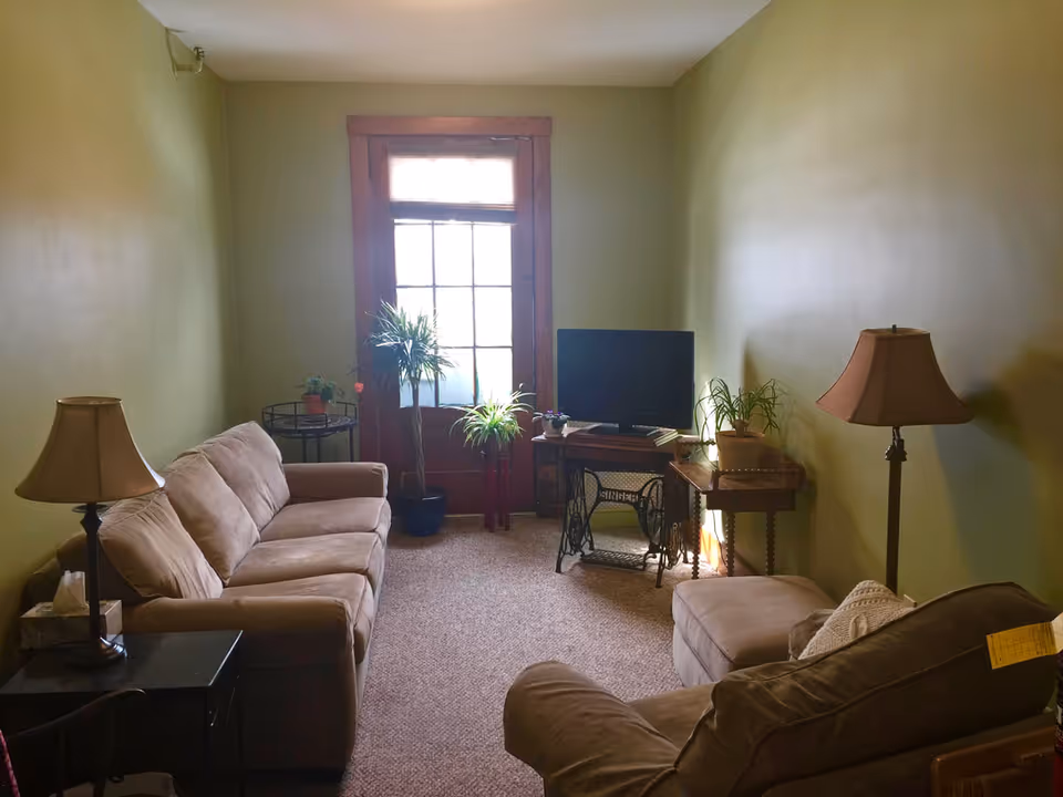 Small living room with beige sofas and armchair, two floor lamps, a TV on a table and potted plants by a window.
