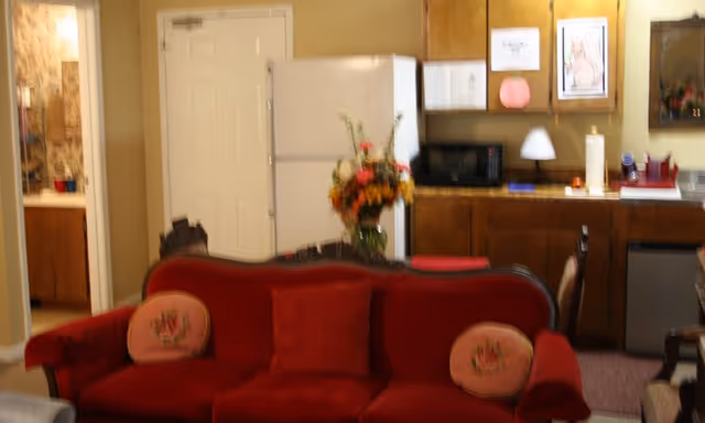 Interior view of a cozy living area with a red velvet sofa adorned with two round floral cushions and a square red pillow. Behind the sofa, there is a wooden cabinet with a microwave, a lamp, and some decorative items. A white refrigerator is positioned near a closed door, and a vase with colorful flowers sits on a table behind the sofa. The room has warm beige walls and a doorway leading to another room with a sink and mirror visible.