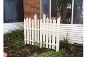 Small white picket fence section placed in a garden bed with green plants in front of a building with white siding and large windows.