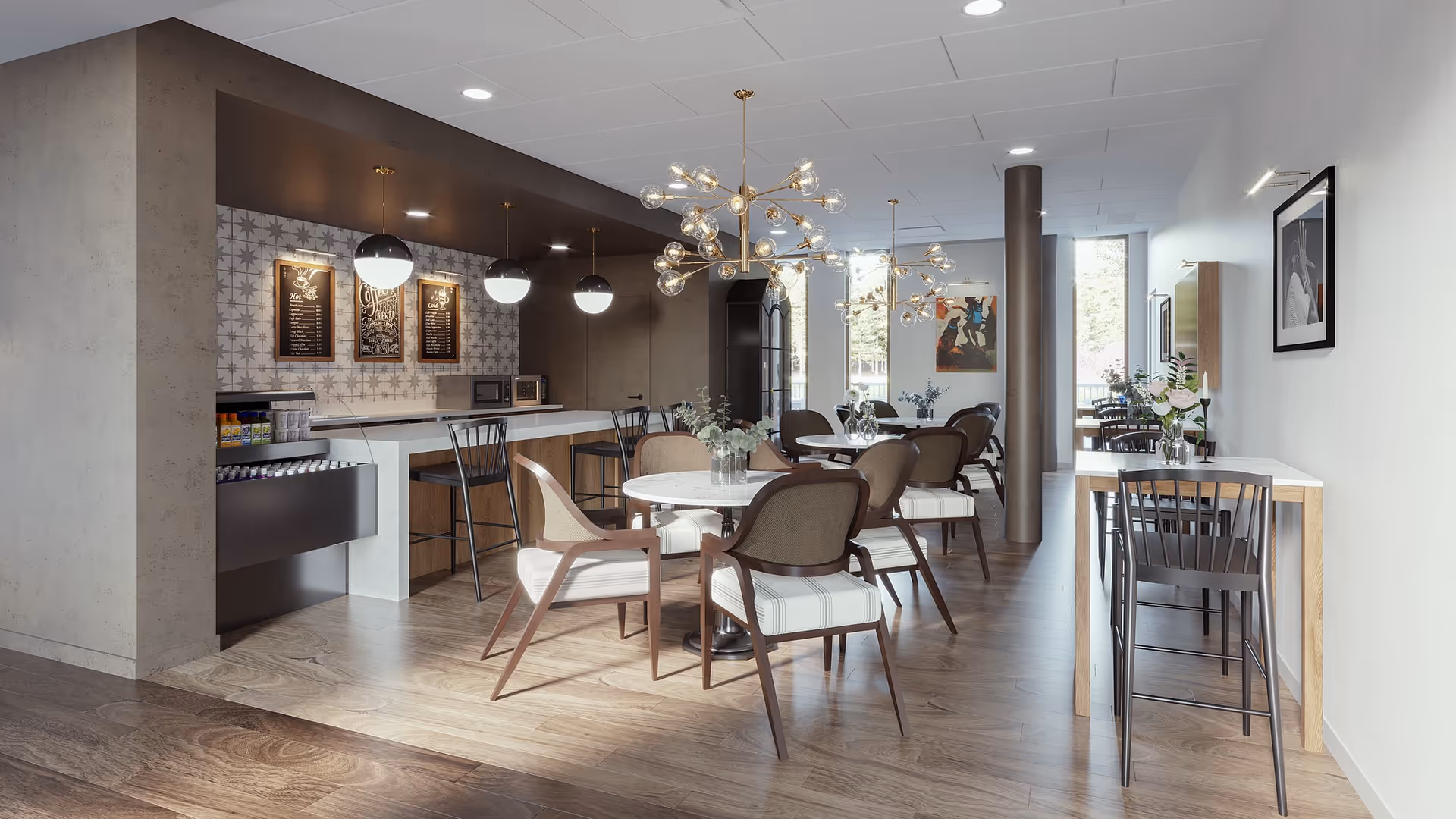 Modern communal dining area with round tables, upholstered chairs, a serving counter with pendant lights, and decorative chandeliers.
