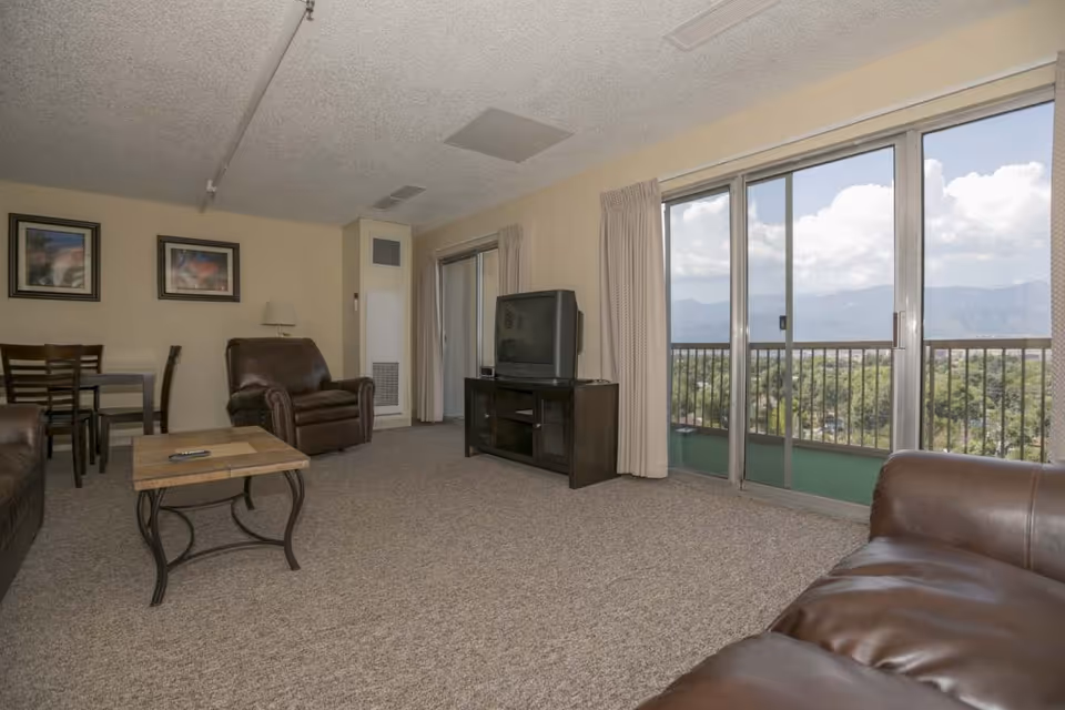 A spacious living room with beige walls and carpeted floor featuring a brown leather sofa and armchair, a wooden coffee table, a TV on a dark wooden stand, a dining table with chairs, two framed pictures on the wall, and large sliding glass doors leading to a balcony with a scenic mountain view.
