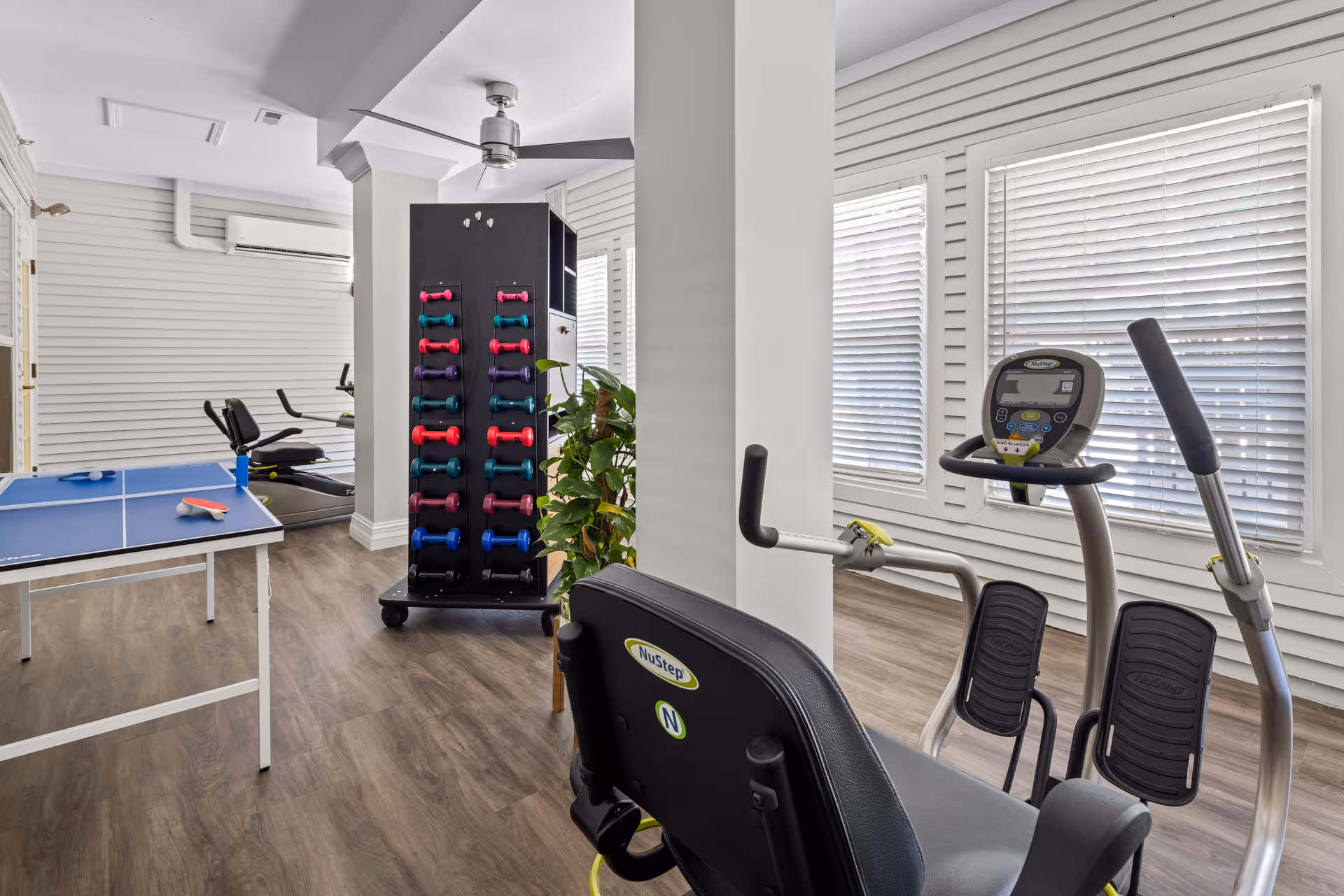 Bright fitness and recreation room with exercise machines, a rack of colorful dumbbells, and a ping-pong table.