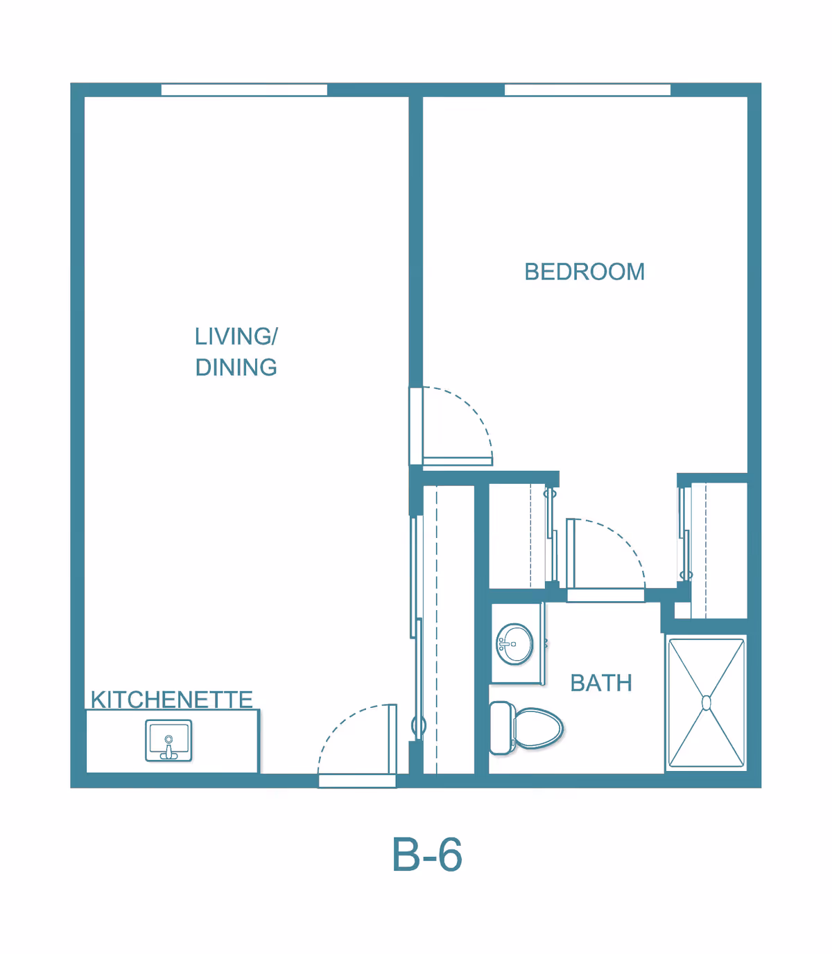 Floor plan layout labeled B-6 showing a one-bedroom unit with a living/dining area, kitchenette, bedroom, and bathroom.
