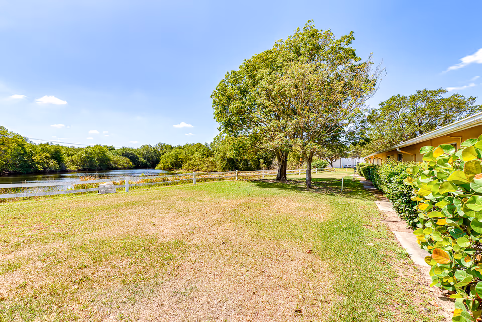 A sunny outdoor area at Sun City Senior Living featuring a grassy lawn with some patches of dry grass, a few trees, a white wooden fence, and a calm river or pond in the background. On the right side, there is a building partially visible with green bushes along its side under a clear blue sky.