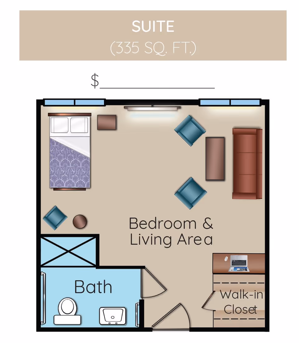 Floor plan of a 335 square foot suite at The Gardens at Quail Springs showing a combined bedroom and living area with a bed, two chairs, a sofa, a coffee table, a small table with a laptop, a walk-in closet, and a bathroom with a toilet and sink.