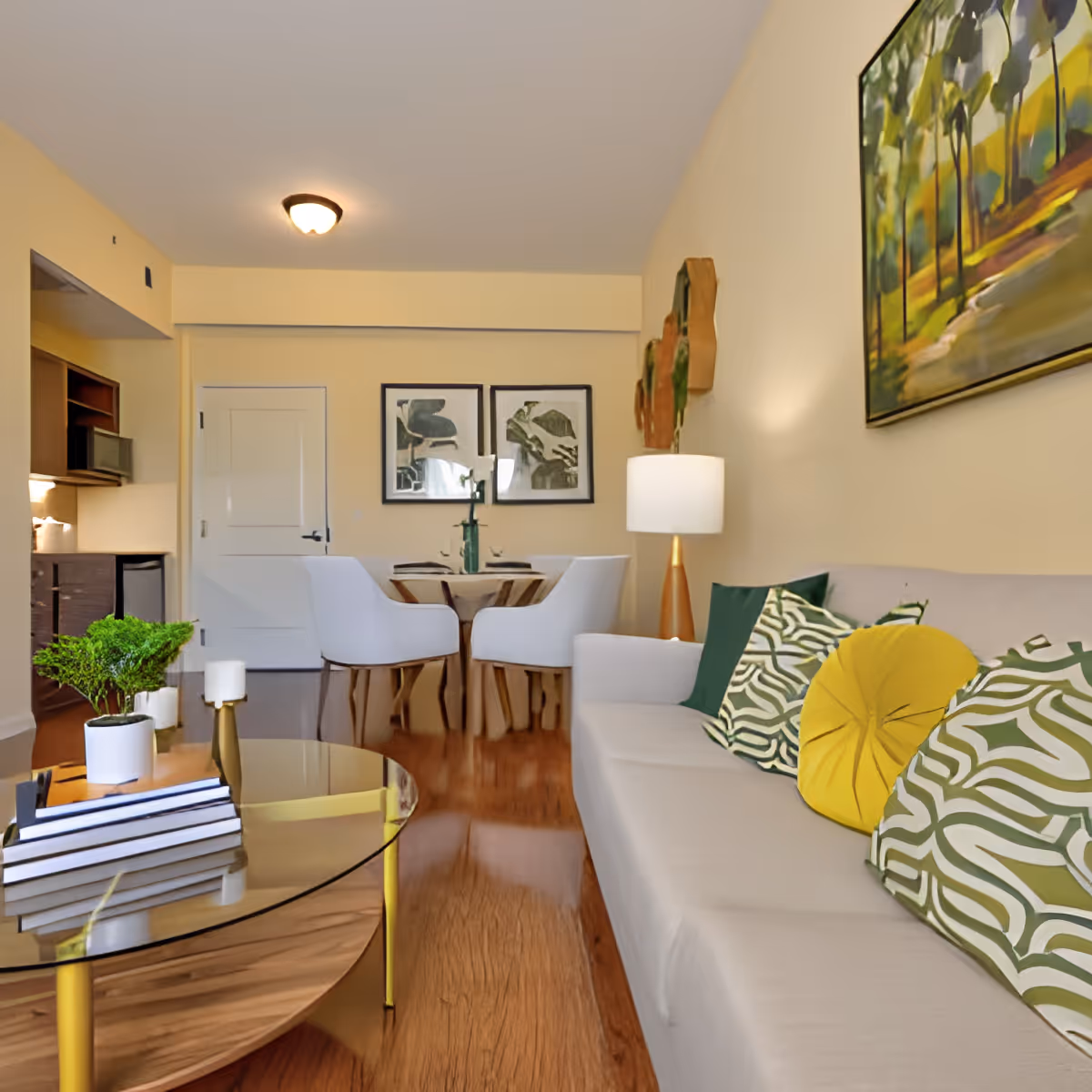 A cozy living room and dining area with a beige sofa adorned with green and yellow patterned cushions. A glass coffee table with books, candles, and a small plant sits in front of the sofa. In the background, there is a round dining table with four white chairs, two framed artworks on the wall, and a door. The room has wooden flooring and warm lighting, with a large painting of a forest scene hanging above the sofa.