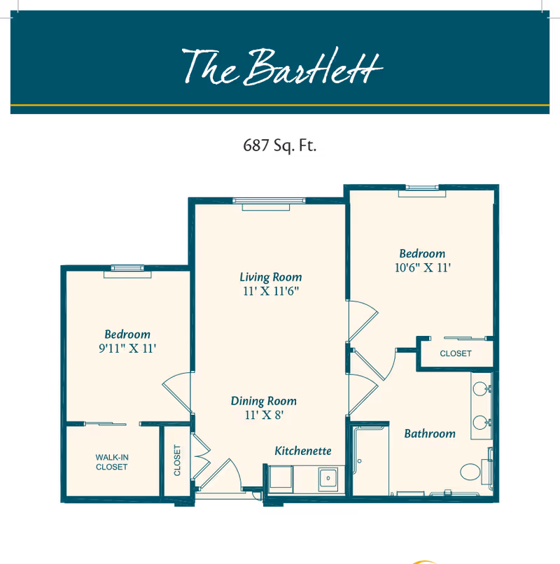 Floor plan of The Bartlett unit at Ciel at Plainfield showing a 687 square feet layout with two bedrooms, a living room, dining room, kitchenette, bathroom, walk-in closet, and additional closet spaces.
