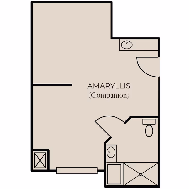 Floor plan layout labeled Amaryllis (Companion) showing a main room with an attached bathroom including a toilet, sink, and shower area.