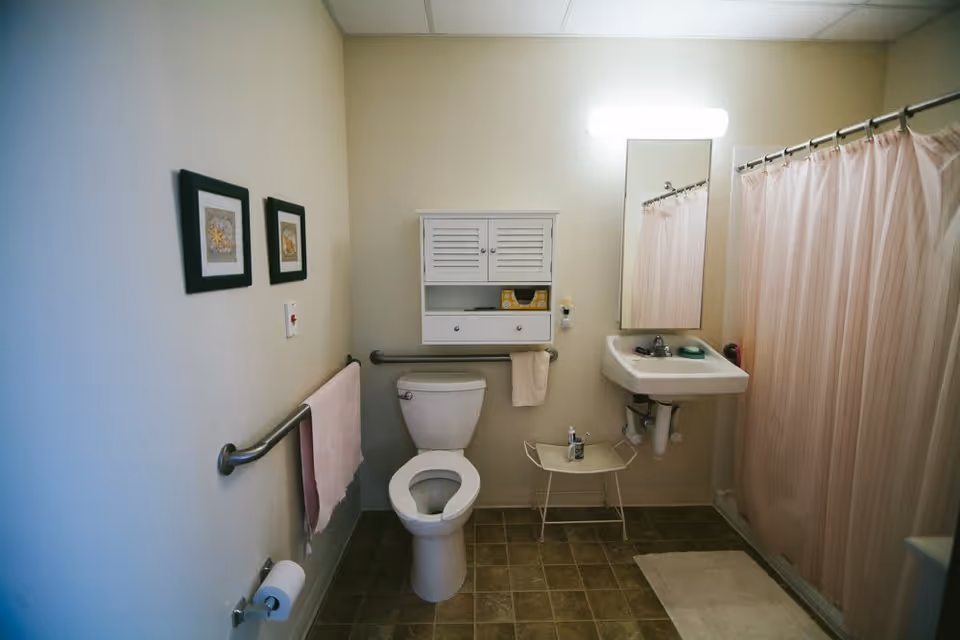 A clean bathroom with a toilet, a wall-mounted sink with a mirror above it, a pink shower curtain, and grab bars on the walls. There are two framed pictures on the wall and a small white cabinet above the toilet. A towel hangs on the grab bar and a small stool is placed under the sink.