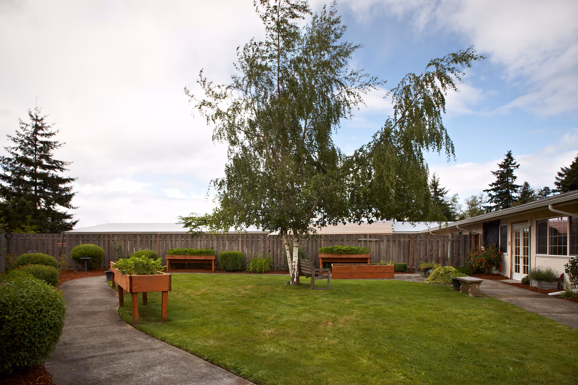 Outdoor garden area with a large tree in the center, surrounded by green grass, wooden raised garden beds, benches, and a concrete pathway. The area is enclosed by a wooden fence and there is a building with windows and a door on the right side.