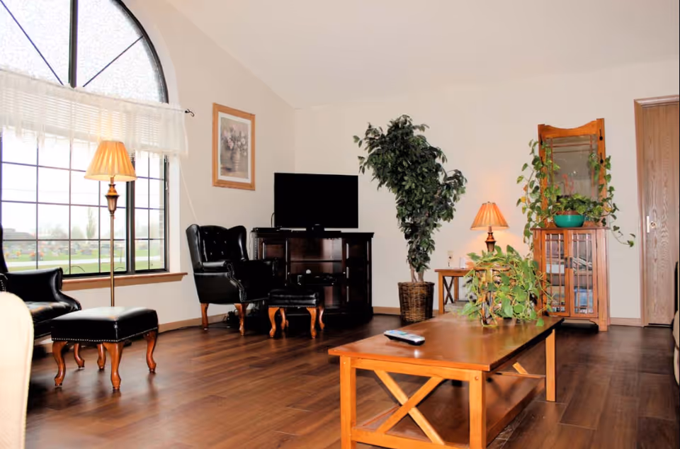 A cozy living room with wooden flooring, featuring a large arched window with sheer curtains, a floor lamp, two black leather chairs with matching ottomans, a wooden coffee table with a remote control and potted plants, a TV on a dark wooden stand, a tall potted plant, a small side table with a lamp, and a wooden cabinet with a mirror and more plants.