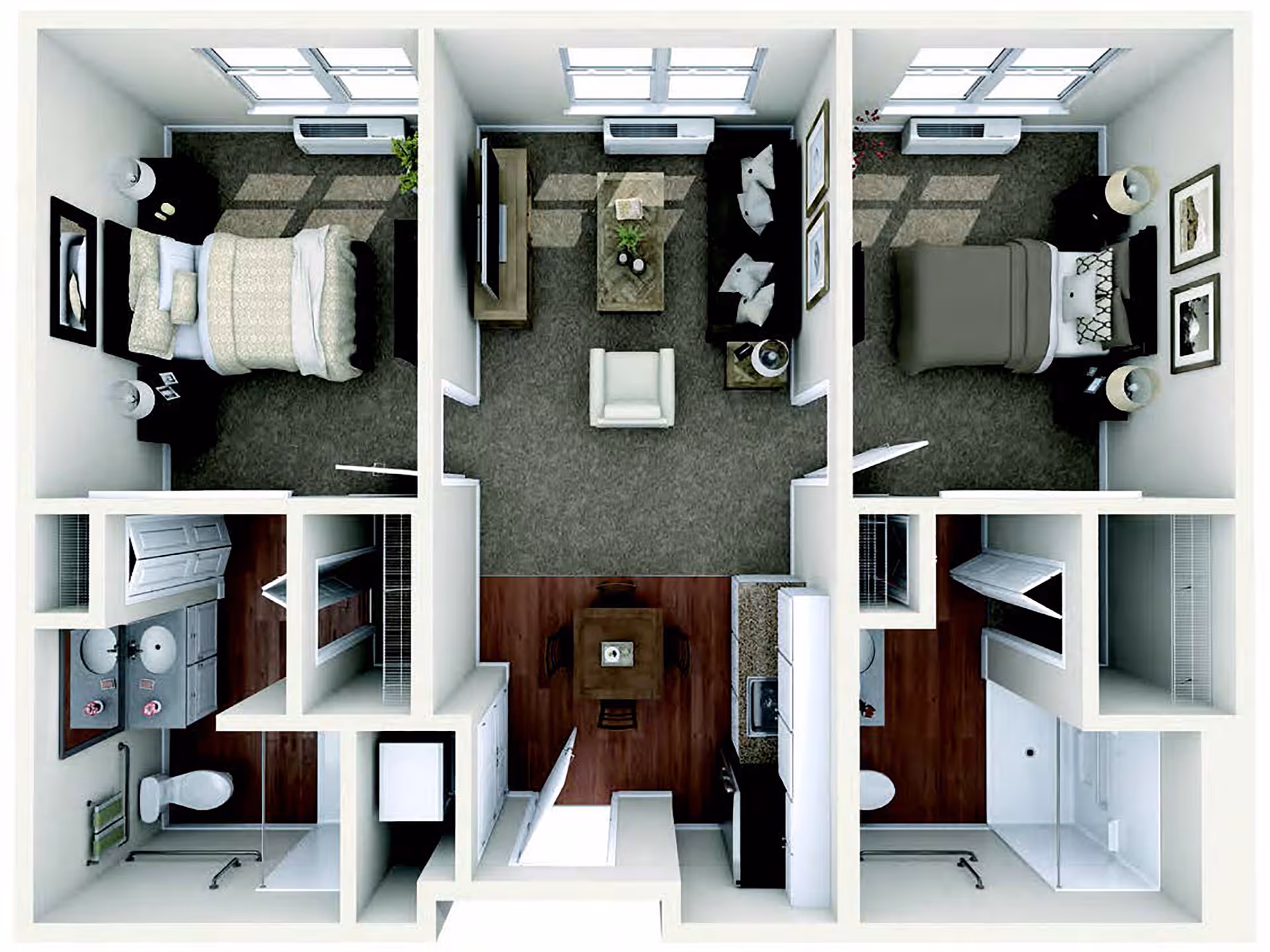 Top-down view of a two-bedroom apartment floor plan featuring two bedrooms on either side, each with a bed, nightstands, and lamps. The center area includes a living room with a sofa, armchair, coffee table, and TV stand. Below the living room is a dining area with a small table and four chairs, adjacent to a kitchen with appliances and cabinetry. Each bedroom has an attached bathroom with a shower, toilet, and sink. The flooring varies between carpet in the bedrooms and living room, and wood in the kitchen and bathrooms.