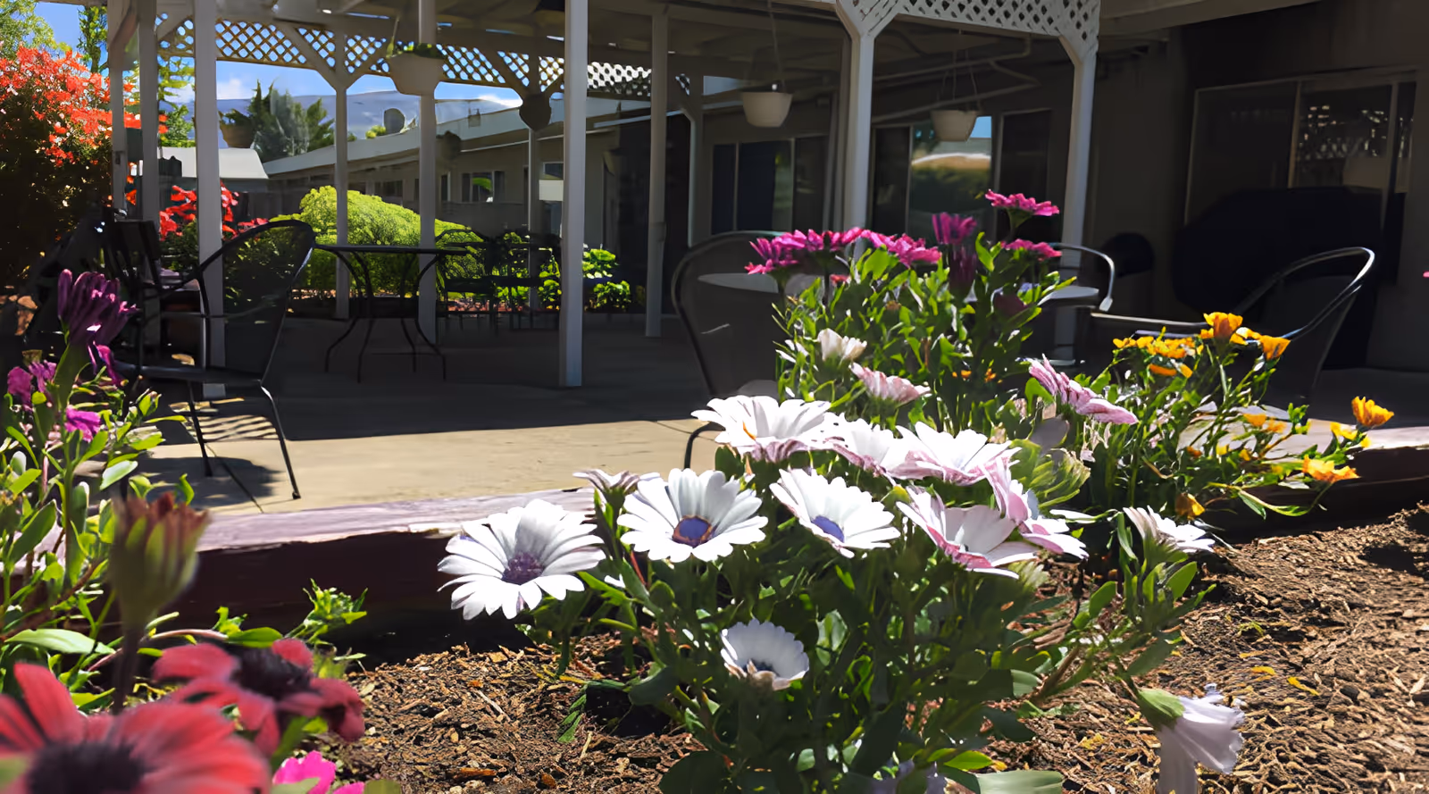 Close-up of colorful flowers in a garden bed with a covered patio area in the background featuring metal chairs and tables at Hearthstone Nursing & Rehabilitation Center.