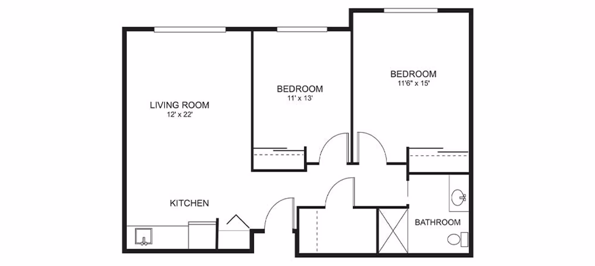Floor plan layout of an apartment at Bay Pointe by Cogir showing a living room, kitchen, two bedrooms, and a bathroom with dimensions labeled for each room.
