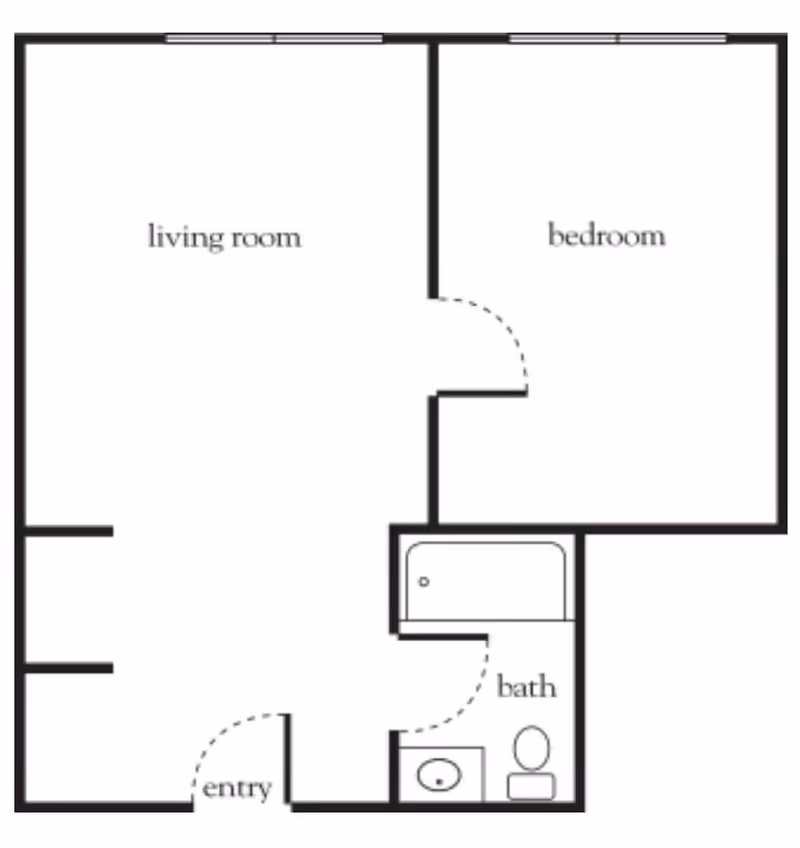 Floor plan layout showing a living room, bedroom, bathroom, and entry area with labeled rooms and door placements.
